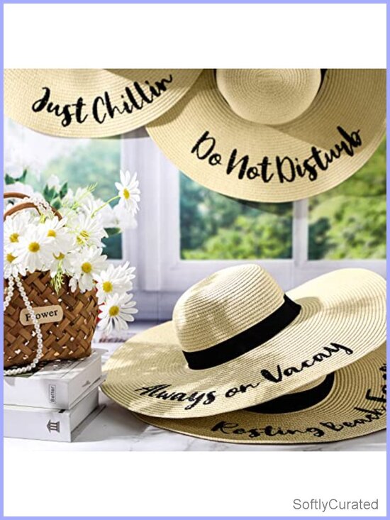 4 Pack Straw Floppy Sun Hats Embroidered Sayings Wide Brim Foldable Travel Beach